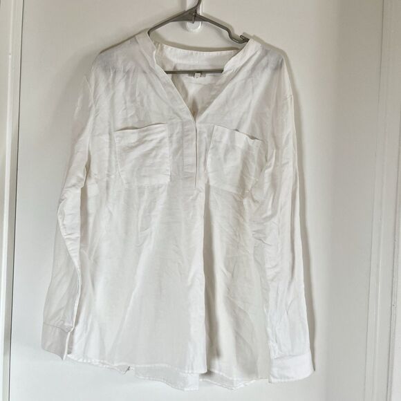 Talbots White 100% Linen Long Sleeve  V Neck Blouse Size 2X Coastal Beachy - Picture 1 of 8